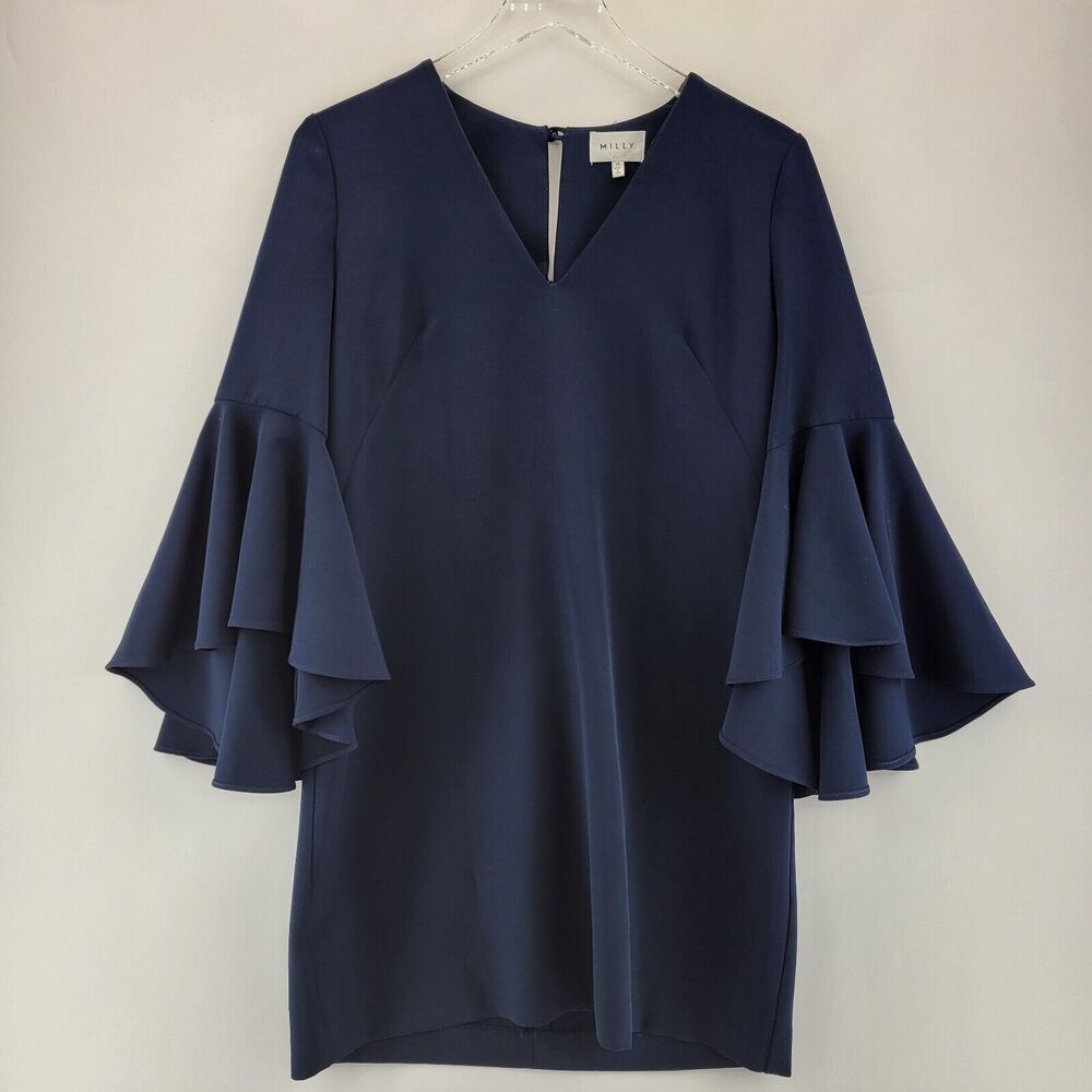 Milly Dress Size 10 Shift Knee Length Bell Sleeve Navy Blue V-Neck Stretch USA‎